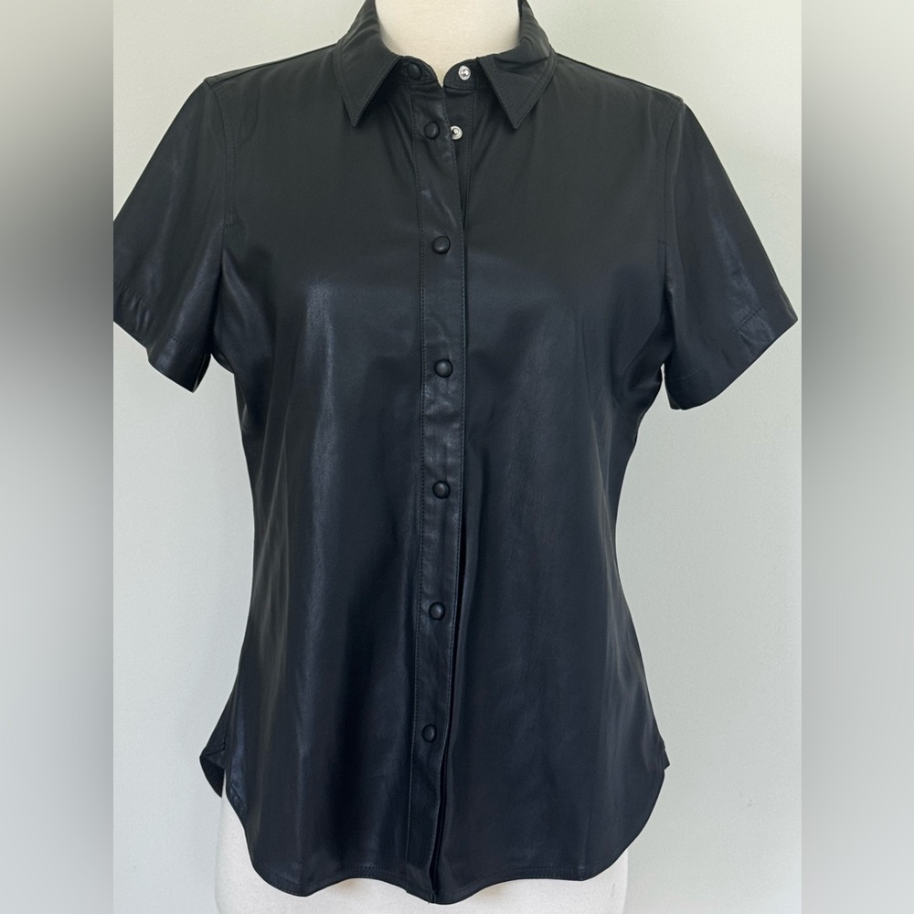 J.Crew Black Short Sleeve Vegan Leather Shirt Snap Button Down Size 4
